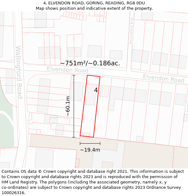 4, ELVENDON ROAD, GORING, READING, RG8 0DU: Plot and title map