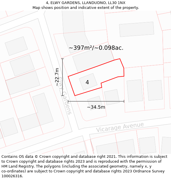 4, ELWY GARDENS, LLANDUDNO, LL30 1NX: Plot and title map