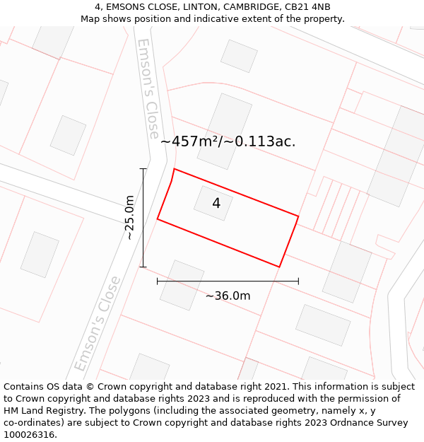 4, EMSONS CLOSE, LINTON, CAMBRIDGE, CB21 4NB: Plot and title map