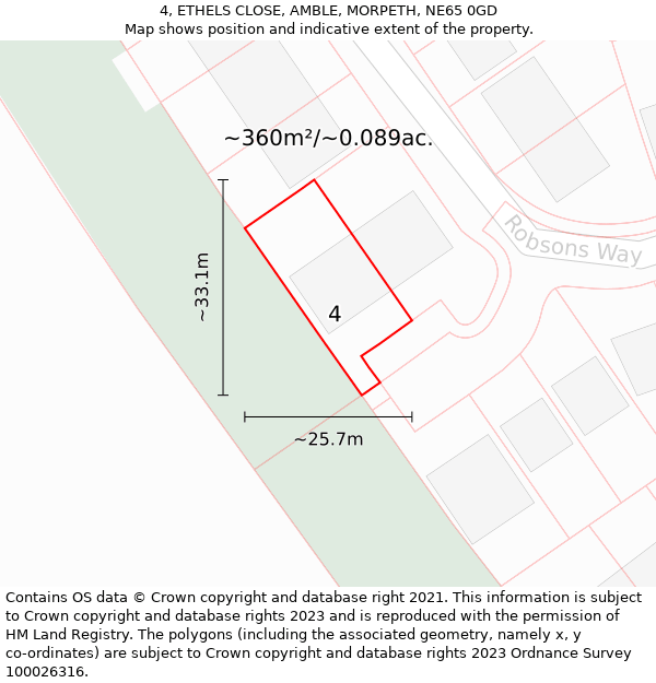 4, ETHELS CLOSE, AMBLE, MORPETH, NE65 0GD: Plot and title map