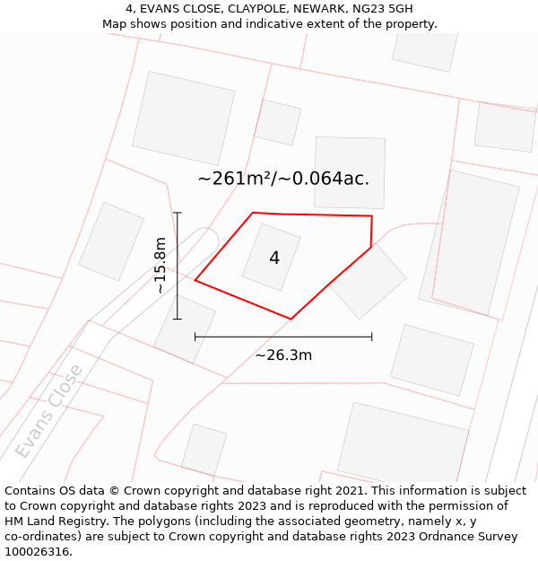 4, EVANS CLOSE, CLAYPOLE, NEWARK, NG23 5GH: Plot and title map