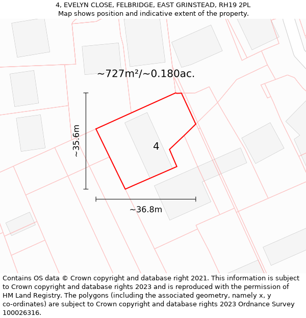 4, EVELYN CLOSE, FELBRIDGE, EAST GRINSTEAD, RH19 2PL: Plot and title map