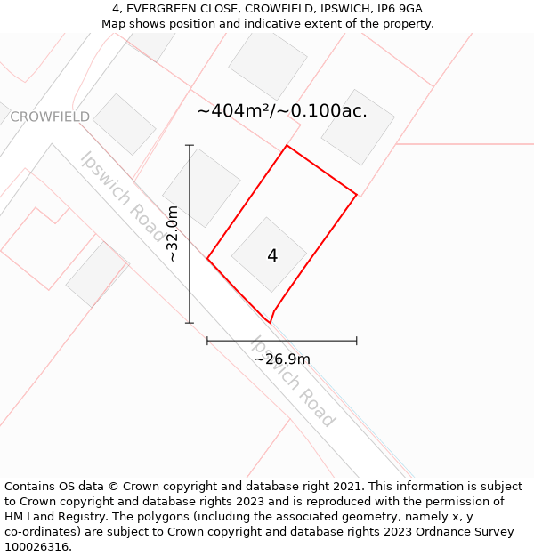 4, EVERGREEN CLOSE, CROWFIELD, IPSWICH, IP6 9GA: Plot and title map