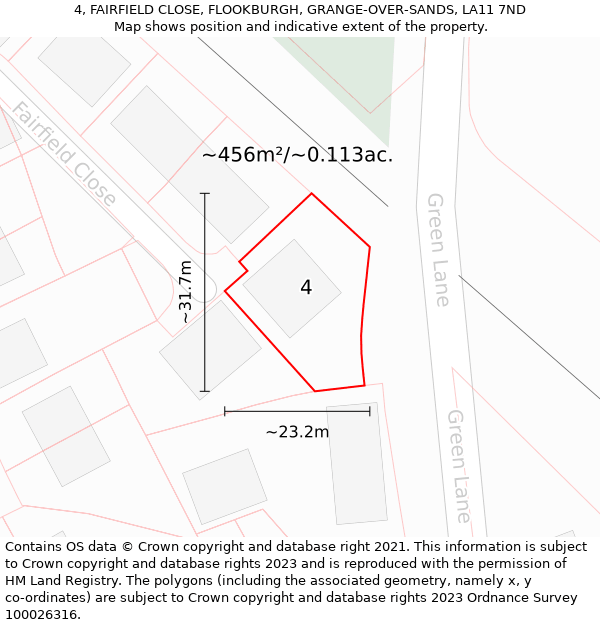 4, FAIRFIELD CLOSE, FLOOKBURGH, GRANGE-OVER-SANDS, LA11 7ND: Plot and title map