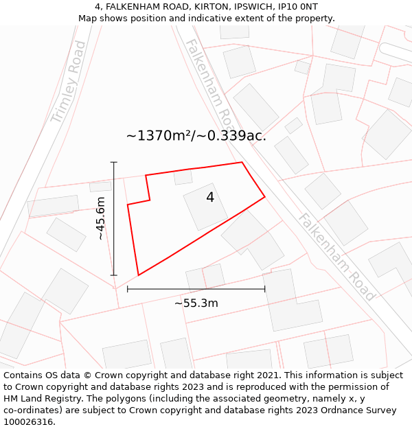 4, FALKENHAM ROAD, KIRTON, IPSWICH, IP10 0NT: Plot and title map