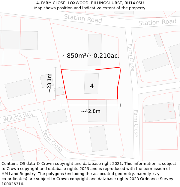 4, FARM CLOSE, LOXWOOD, BILLINGSHURST, RH14 0SU: Plot and title map