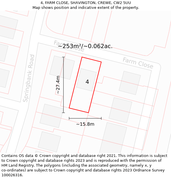 4, FARM CLOSE, SHAVINGTON, CREWE, CW2 5UU: Plot and title map