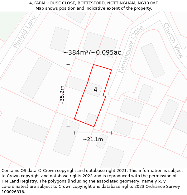 4, FARM HOUSE CLOSE, BOTTESFORD, NOTTINGHAM, NG13 0AF: Plot and title map