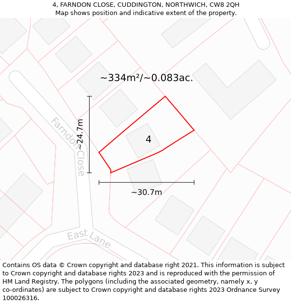 4, FARNDON CLOSE, CUDDINGTON, NORTHWICH, CW8 2QH: Plot and title map