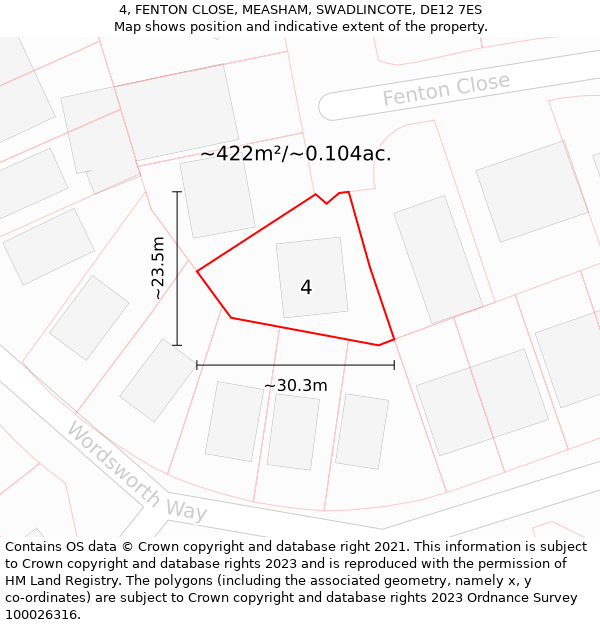 4, FENTON CLOSE, MEASHAM, SWADLINCOTE, DE12 7ES: Plot and title map