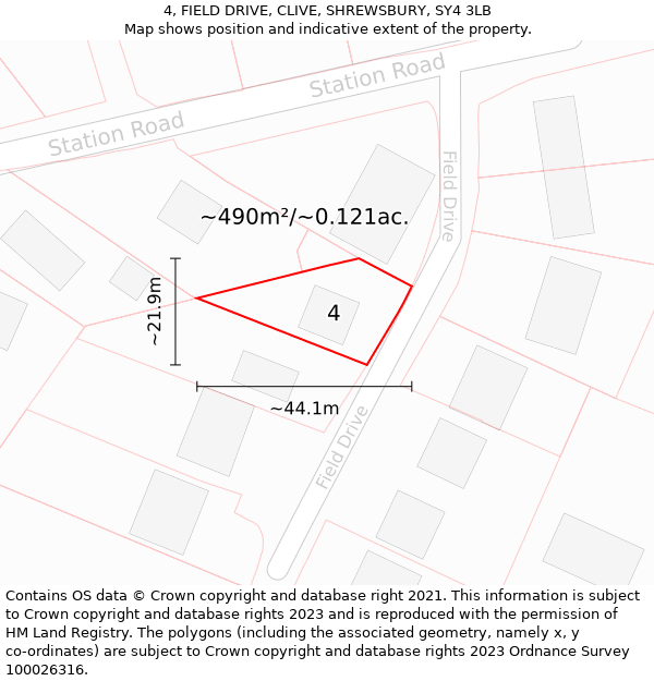 4, FIELD DRIVE, CLIVE, SHREWSBURY, SY4 3LB: Plot and title map