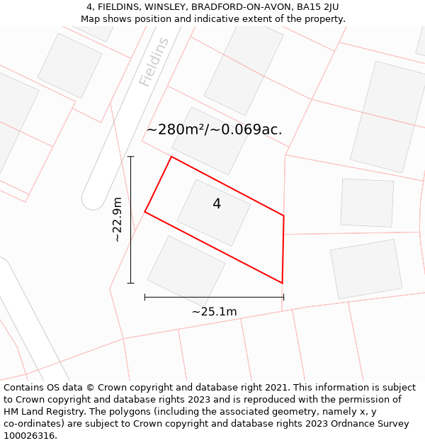 4, FIELDINS, WINSLEY, BRADFORD-ON-AVON, BA15 2JU: Plot and title map