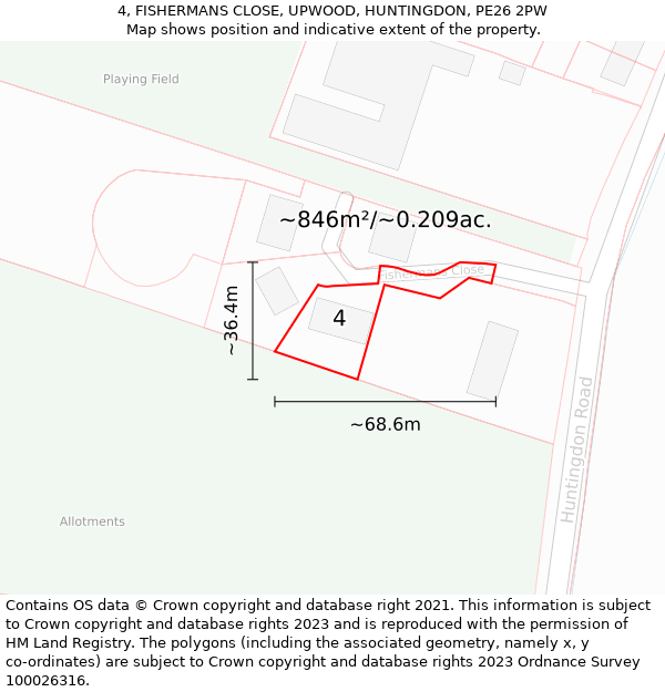 4, FISHERMANS CLOSE, UPWOOD, HUNTINGDON, PE26 2PW: Plot and title map