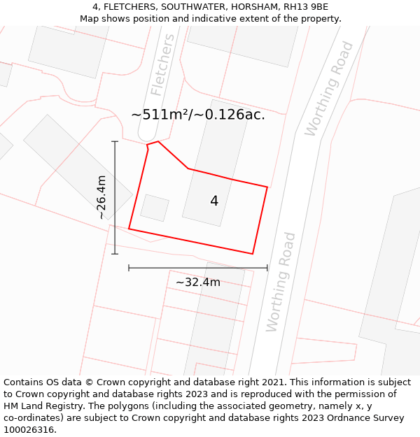 4, FLETCHERS, SOUTHWATER, HORSHAM, RH13 9BE: Plot and title map