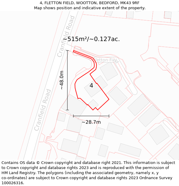 4, FLETTON FIELD, WOOTTON, BEDFORD, MK43 9RF: Plot and title map