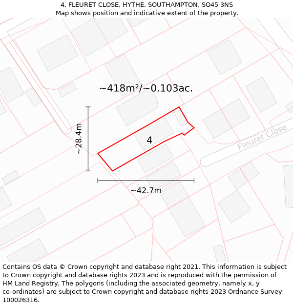 4, FLEURET CLOSE, HYTHE, SOUTHAMPTON, SO45 3NS: Plot and title map