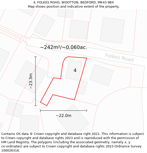 4, FOLKES ROAD, WOOTTON, BEDFORD, MK43 9BX: Plot and title map