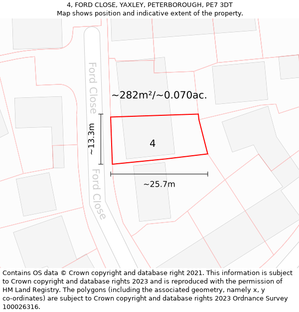 4, FORD CLOSE, YAXLEY, PETERBOROUGH, PE7 3DT: Plot and title map