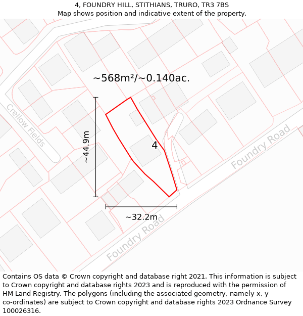 4, FOUNDRY HILL, STITHIANS, TRURO, TR3 7BS: Plot and title map