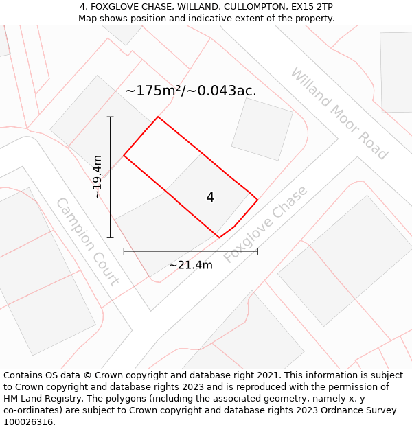 4, FOXGLOVE CHASE, WILLAND, CULLOMPTON, EX15 2TP: Plot and title map