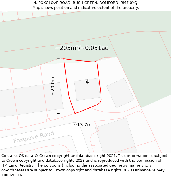 4, FOXGLOVE ROAD, RUSH GREEN, ROMFORD, RM7 0YQ: Plot and title map