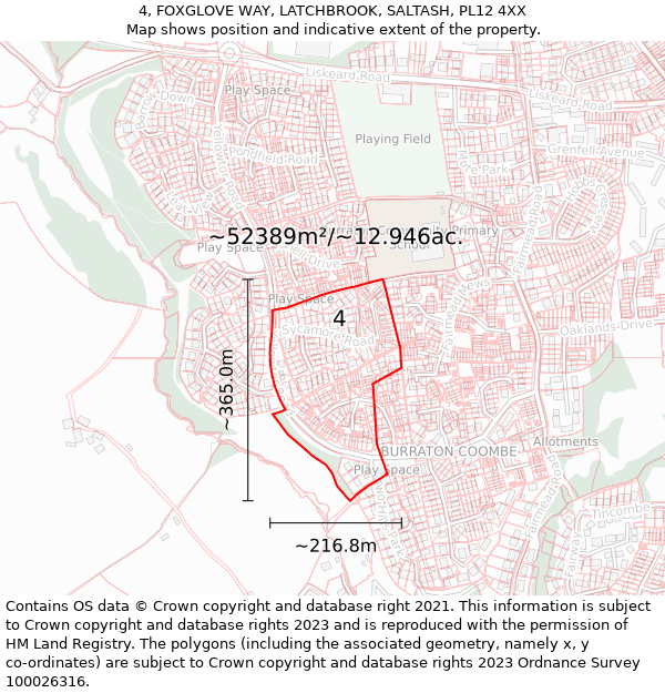 4, FOXGLOVE WAY, LATCHBROOK, SALTASH, PL12 4XX: Plot and title map