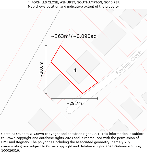 4, FOXHILLS CLOSE, ASHURST, SOUTHAMPTON, SO40 7ER: Plot and title map