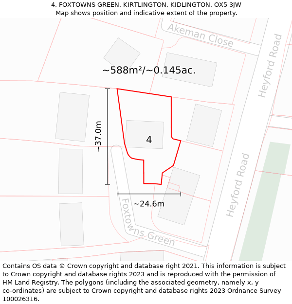 4, FOXTOWNS GREEN, KIRTLINGTON, KIDLINGTON, OX5 3JW: Plot and title map