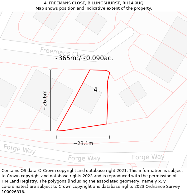 4, FREEMANS CLOSE, BILLINGSHURST, RH14 9UQ: Plot and title map