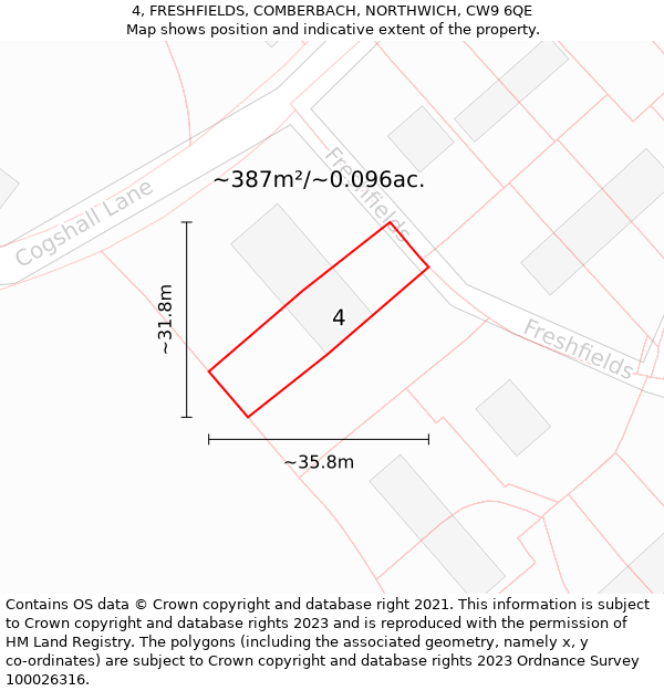 4, FRESHFIELDS, COMBERBACH, NORTHWICH, CW9 6QE: Plot and title map