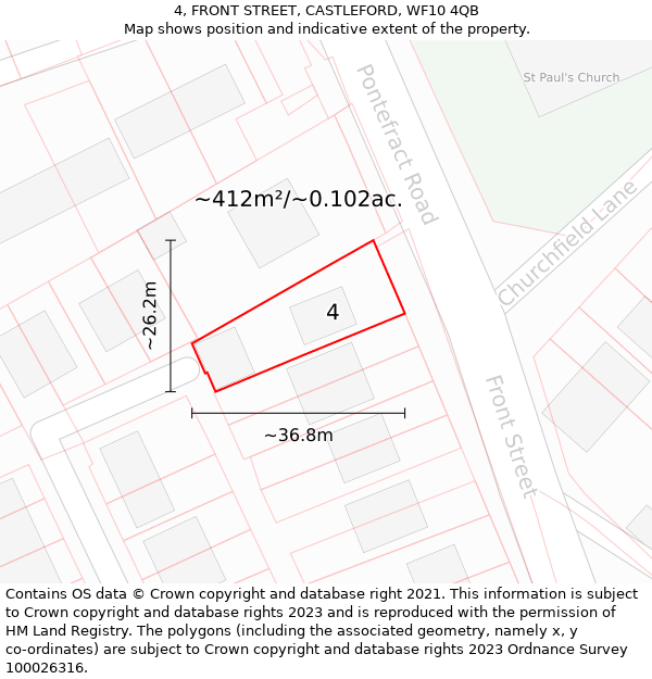 4, FRONT STREET, CASTLEFORD, WF10 4QB: Plot and title map