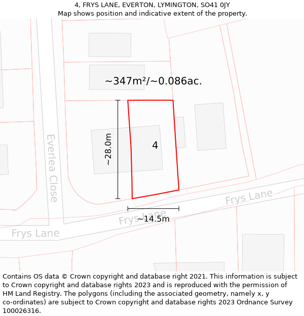 4, FRYS LANE, EVERTON, LYMINGTON, SO41 0JY: Plot and title map