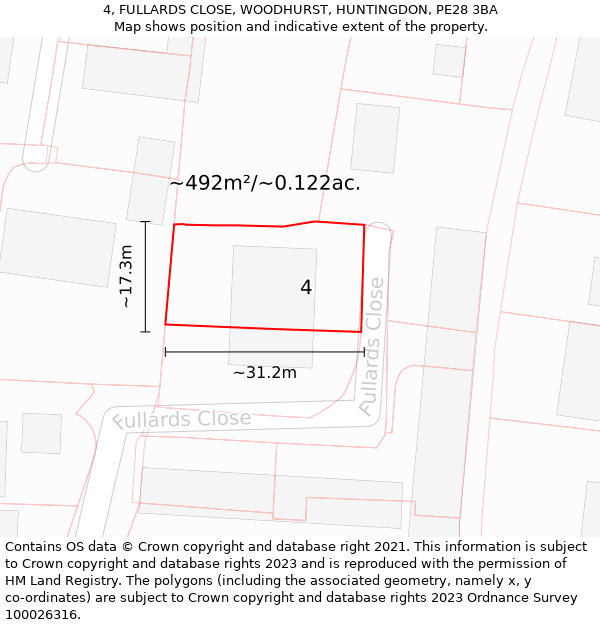 4, FULLARDS CLOSE, WOODHURST, HUNTINGDON, PE28 3BA: Plot and title map