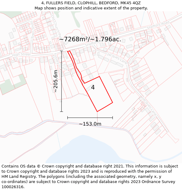 4, FULLERS FIELD, CLOPHILL, BEDFORD, MK45 4QZ: Plot and title map