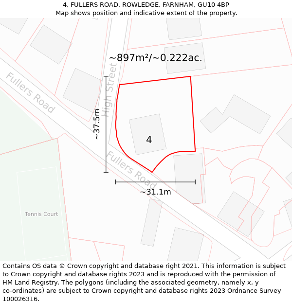 4, FULLERS ROAD, ROWLEDGE, FARNHAM, GU10 4BP: Plot and title map