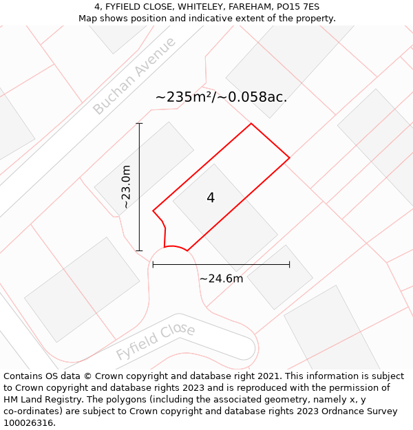 4, FYFIELD CLOSE, WHITELEY, FAREHAM, PO15 7ES: Plot and title map