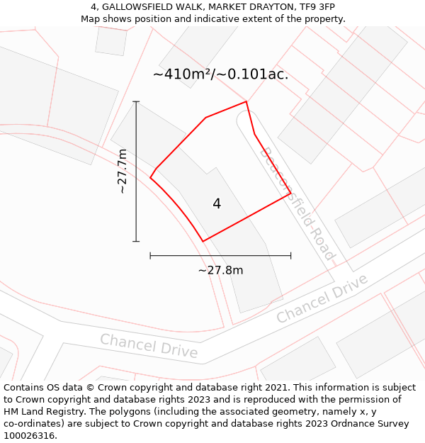 4, GALLOWSFIELD WALK, MARKET DRAYTON, TF9 3FP: Plot and title map