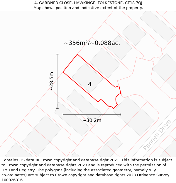 4, GARDNER CLOSE, HAWKINGE, FOLKESTONE, CT18 7QJ: Plot and title map