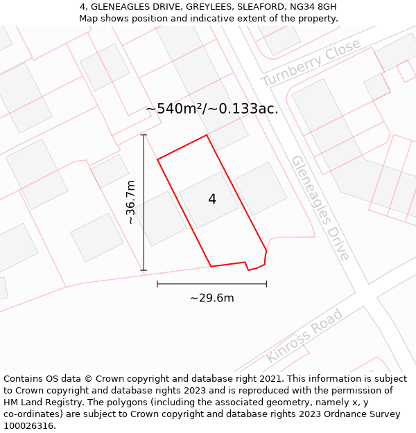 4, GLENEAGLES DRIVE, GREYLEES, SLEAFORD, NG34 8GH: Plot and title map