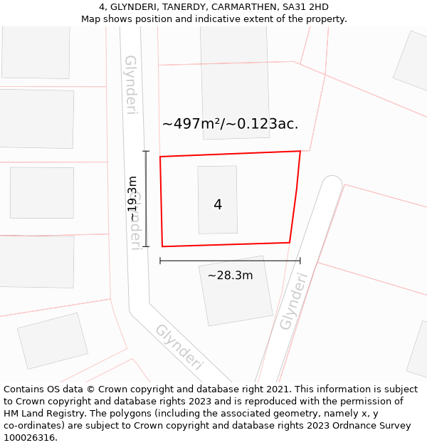 4, GLYNDERI, TANERDY, CARMARTHEN, SA31 2HD: Plot and title map