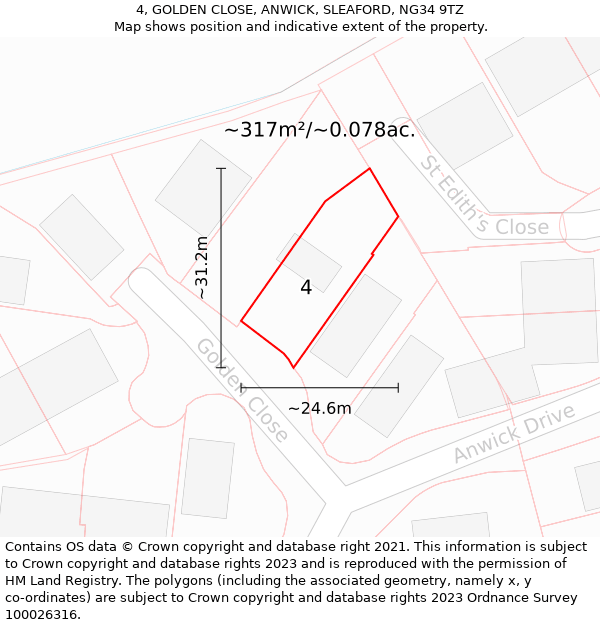 4, GOLDEN CLOSE, ANWICK, SLEAFORD, NG34 9TZ: Plot and title map