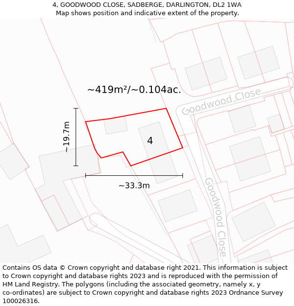 4, GOODWOOD CLOSE, SADBERGE, DARLINGTON, DL2 1WA: Plot and title map