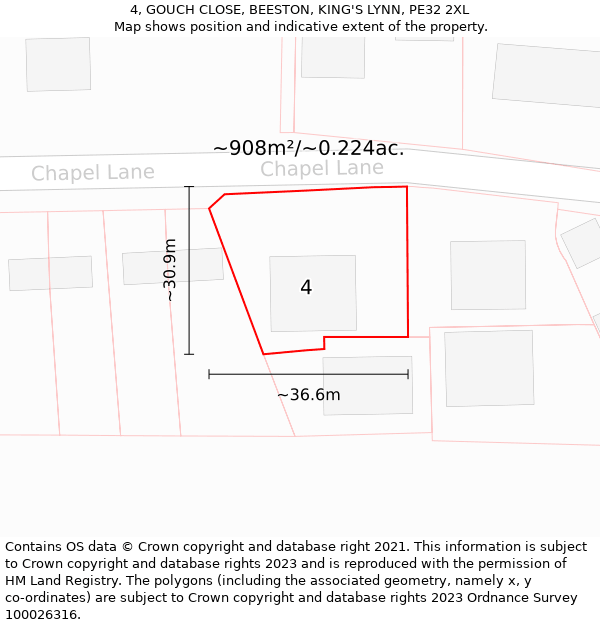 4, GOUCH CLOSE, BEESTON, KING'S LYNN, PE32 2XL: Plot and title map