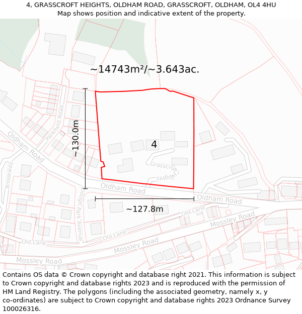 4, GRASSCROFT HEIGHTS, OLDHAM ROAD, GRASSCROFT, OLDHAM, OL4 4HU: Plot and title map