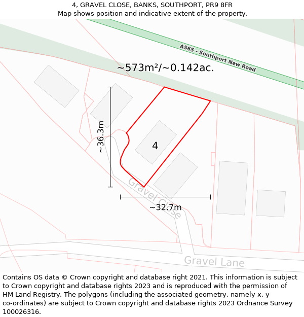 4, GRAVEL CLOSE, BANKS, SOUTHPORT, PR9 8FR: Plot and title map