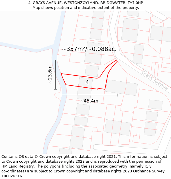 4, GRAYS AVENUE, WESTONZOYLAND, BRIDGWATER, TA7 0HP: Plot and title map