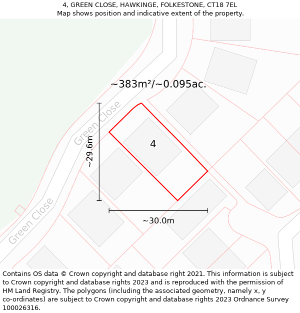 4, GREEN CLOSE, HAWKINGE, FOLKESTONE, CT18 7EL: Plot and title map