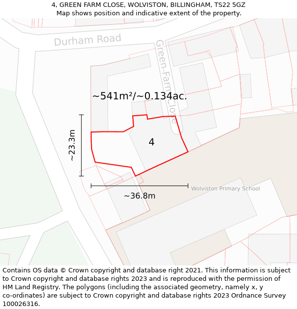 4, GREEN FARM CLOSE, WOLVISTON, BILLINGHAM, TS22 5GZ: Plot and title map