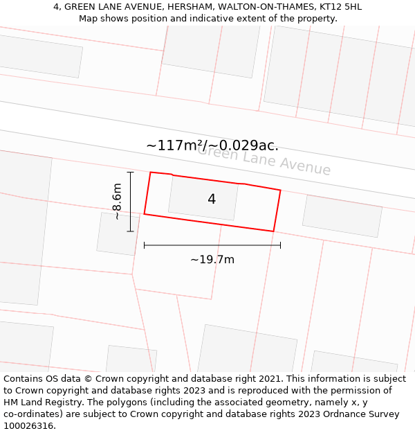 4, GREEN LANE AVENUE, HERSHAM, WALTON-ON-THAMES, KT12 5HL: Plot and title map