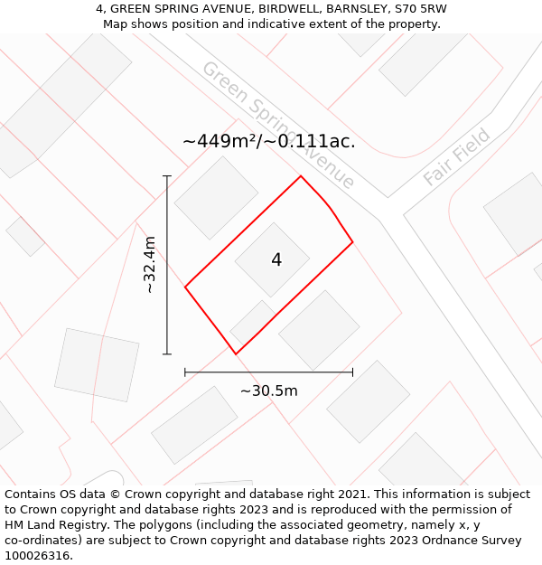 4, GREEN SPRING AVENUE, BIRDWELL, BARNSLEY, S70 5RW: Plot and title map